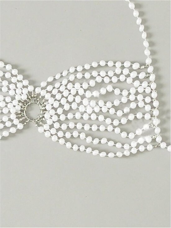 Women's White Pearl Beaded Halter Sleeveless Backless Beach Cover Up Bikini Top - Picture 5 of 6